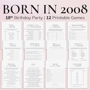 May include: A collection of 12 printable games for an 18th birthday party, with the text "BORN IN 2008" at the top. The games include "Ever or Never," "Happy Birthday Around the World," and "Birthday Family Feud."