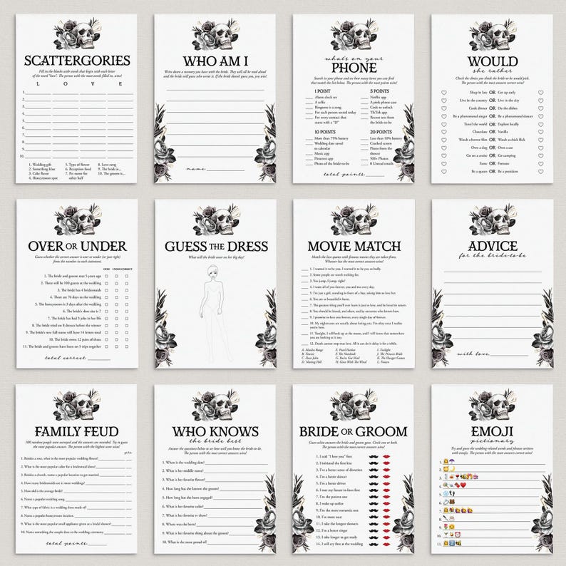 Bride or Die Bridal Shower Games Bundle Printable Til Death Party Games Gothic Black Floral Skull Bridal Games Goth Bridal Family Feud FS1 image 11
