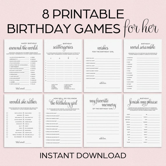 8 Birthday Party Games Bundle Printable Birthday Games for Women Minimal Birthday Girl Games Calligraphy Birthday Would She Rather White CT1