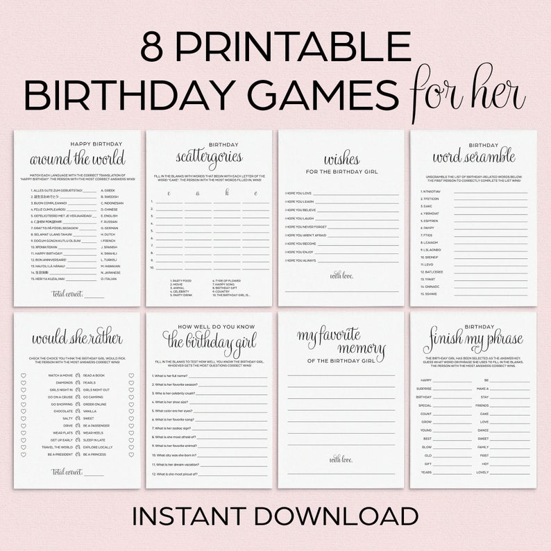 Puede incluir: Juegos de cumplea&ntilde;os imprimibles para una fiesta. Los juegos incluyen: Feliz cumplea&ntilde;os alrededor del mundo, Scattergories de cumplea&ntilde;os, Deseos para la cumplea&ntilde;era, Descifrar palabras de cumplea&ntilde;os, Preferir&iacute;a, Qu&eacute; tan bien conoces a la cumplea&ntilde;era, Mi recuerdo favorito de la cumplea&ntilde;era y Terminar mi frase de cumplea&ntilde;os.
