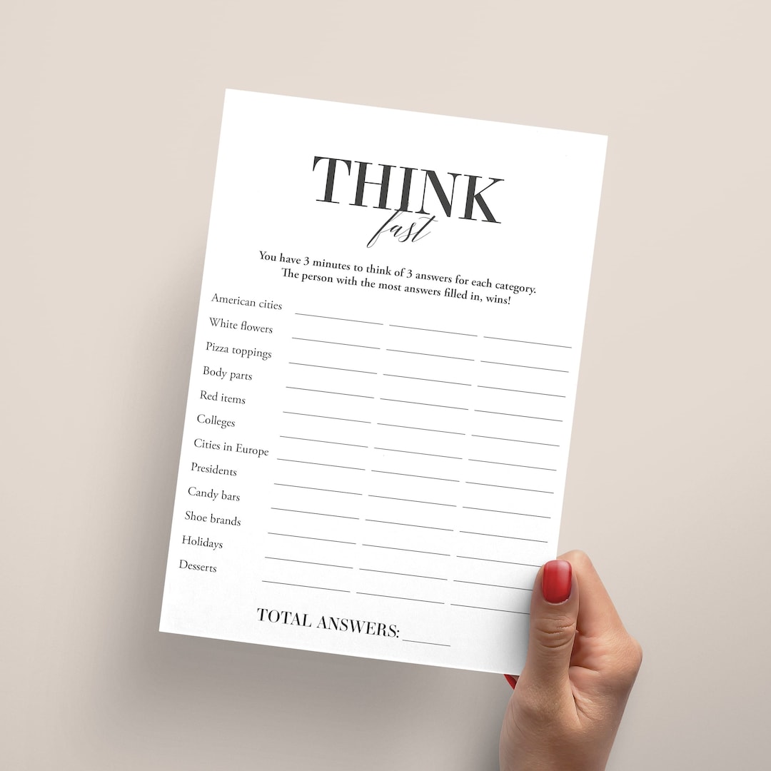 Think Fast Icebreaker Game Printable Family Party Game Night Etsy