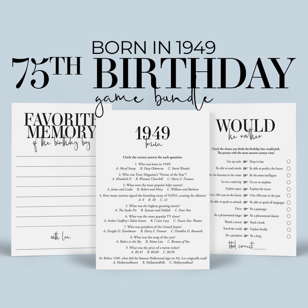 75th Birthday Games for Him Printable Men's 75th Birthday Party Game Bundle Born in 1949 Birthday Games 75th Bday Ideas For Men 75 Bday MB2