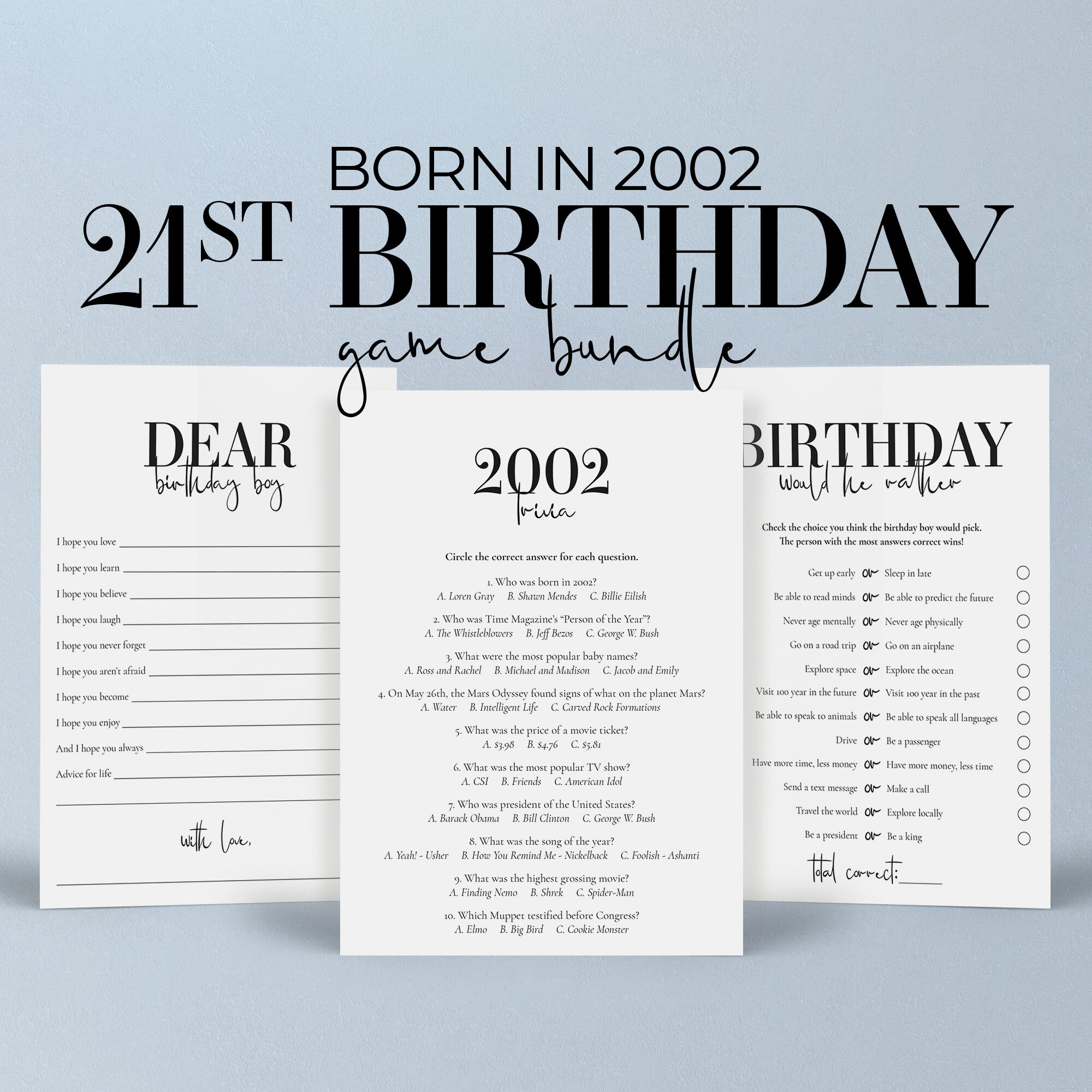 21st Birthday Games Bundle Printable 2002 Birthday Party Games Etsy UK