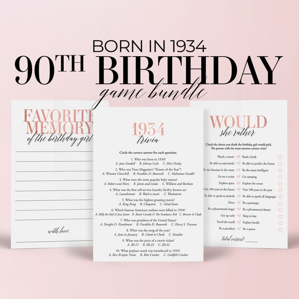 90th Birthday Party Games Bundle Printable Born in 1934 Birthday Games for Her 90th Birthday 1934 Trivia Turning 90 Grandmother Birthday MB2