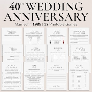 40th Anniversary Party Games Bundle Married in 1985 Wedding Anniversary Games Printable Couple Games for 40th Anniversary Party Minimal PP2
