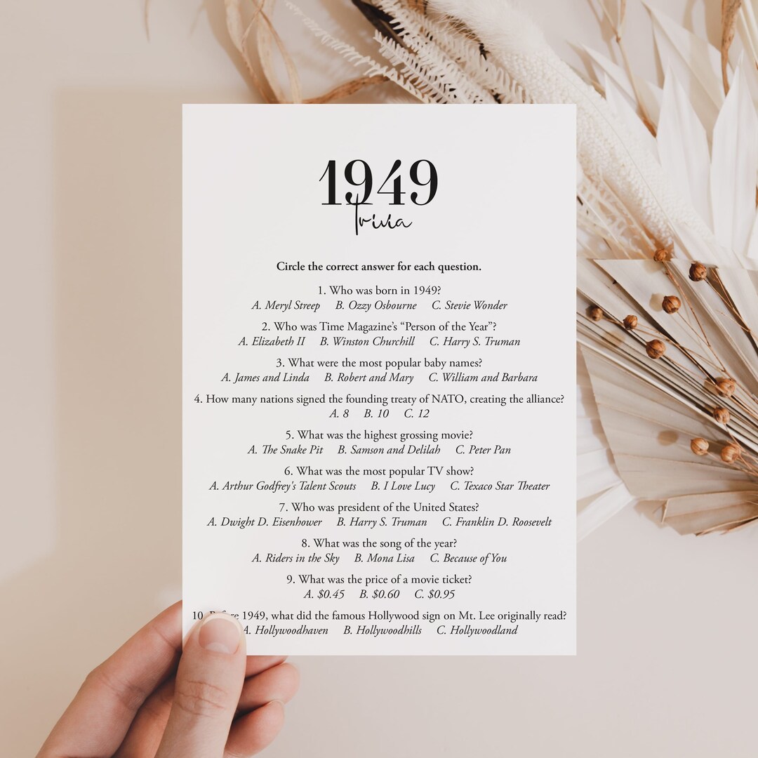 1949 Trivia Printable 75th Birthday Game Born in 1949 Quiz 75th ...