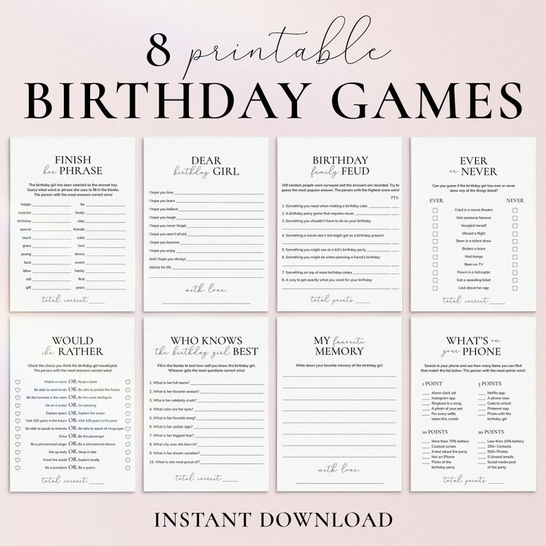 Pode incluir: Jogos de anivers&aacute;rio imprim&iacute;veis para uma festa. Os jogos incluem "Termine a frase dela", "Querida aniversariante", "Feudo familiar de anivers&aacute;rio", "O que ela preferiria?", "Quem conhece melhor a aniversariante?", "Minha mem&oacute;ria favorita", "Sempre ou nunca", e "O que est&aacute; no seu telefone".