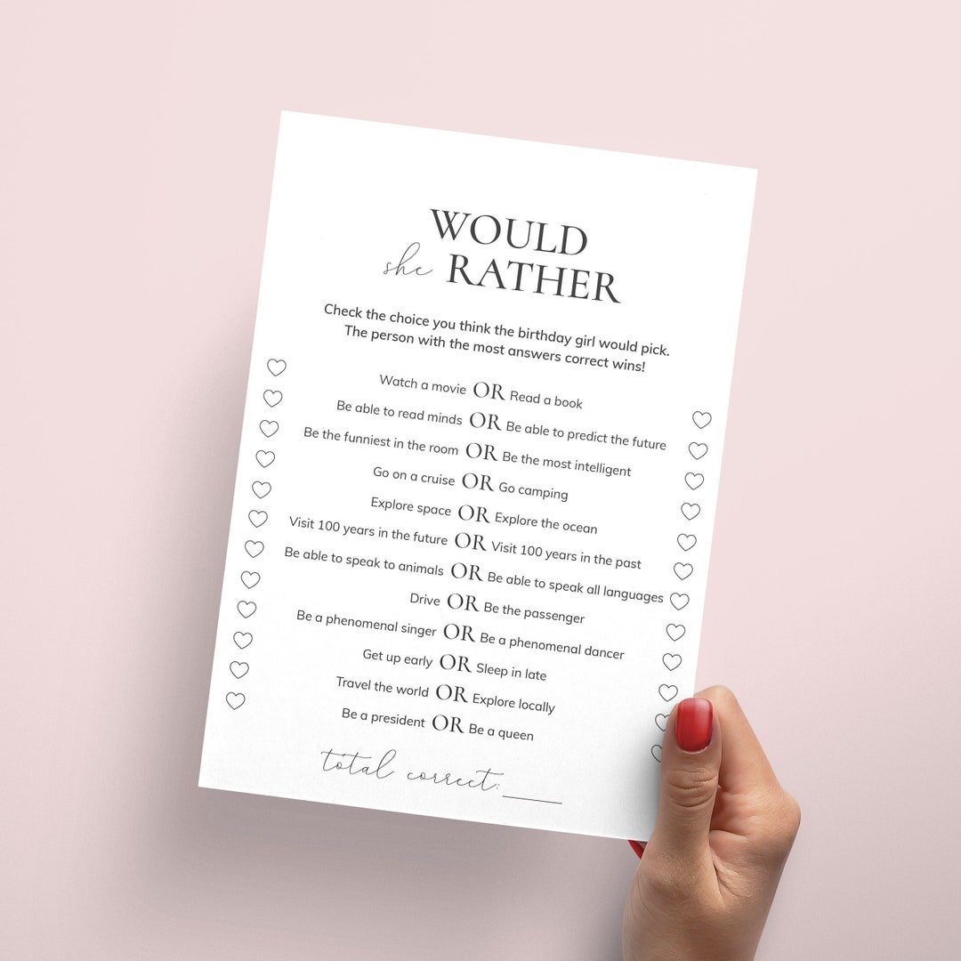 Birthday Would She Rather Game Printable Birthday Party Games for Her ...