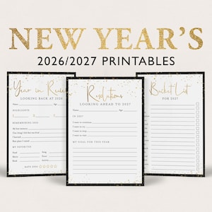 Op de afbeelding: Drie printbare vellen voor 2026 en 2027 met gouden glitteraccenten op een witte achtergrond met zwarte randen. De vellen bevatten een jaaroverzicht voor 2026, voornemens voor 2027 en een bucketlist voor 2027 met lijnen en selectievakjes.