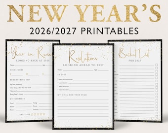 May include: Three printable sheets for 2026 and 2027 featuring gold glitter accents on a white background with black borders. The sheets include a Year in Review for 2026, Resolutions for 2027, and a Bucket List for 2027 with lines and checkboxes.