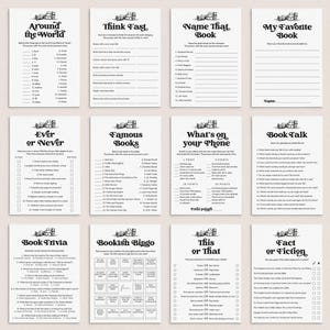 May include: A printable set of 10 book-themed game cards. The cards feature black and white illustrations of books and include games like "Around the World", "Think Fast", "Name That Book", "My Favorite Book", "Ever or Never", "Famous Books", "What's on Your Phone", "Book Talk", "Book Trivia", "Bookish Bingo", "This or That", and "Fact or Fiction".