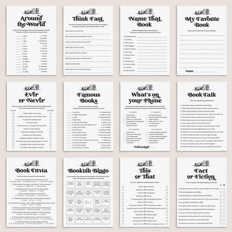 May include: A printable set of 10 book-themed game cards. The cards feature black and white illustrations of books and include games like "Around the World", "Think Fast", "Name That Book", "My Favorite Book", "Ever or Never", "Famous Books", "What's on Your Phone", "Book Talk", "Book Trivia", "Bookish Bingo", "This or That", and "Fact or Fiction".