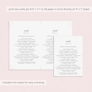 May include: Two white paper cards with the text "1996 Trivia" and trivia questions. The cards are designed to be printed on 8.5" x 11" or A4 paper, or directly on 5" x 7" paper. Includes trim marks for easy trimming.