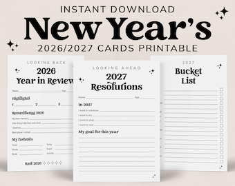 May include: Three white printable cards with black text for New Year's 2026 and 2027. The cards feature sections for a 2026 Year in Review, 2027 Resolutions, and a 2027 Bucket List with lines for writing, checkboxes, and star icons throughout.
