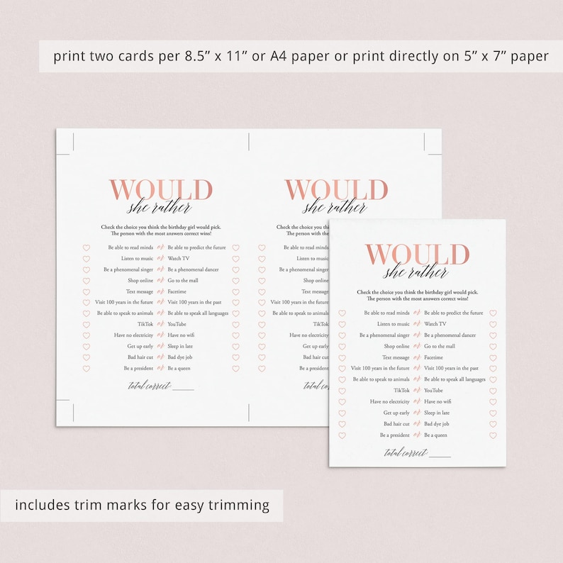 May include: Two printable "Would She Rather" game cards with pink hearts and text. The cards feature a list of questions to help you get to know someone better. The text on the cards reads "Would She Rather".