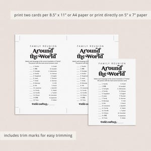 May include: Two printable game cards for a family reunion game called "Around the World". The game asks players to match languages to their translations of the word "family". The cards are black and white with a retro font.