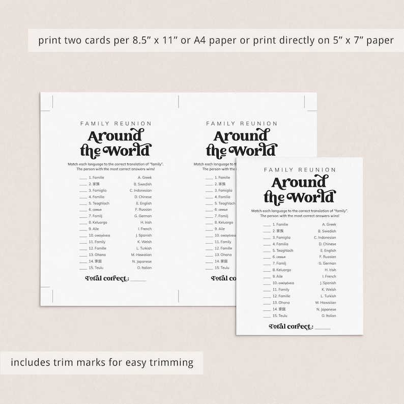 May include: Two printable game cards for a family reunion game called "Around the World". The game asks players to match languages to their translations of the word "family". The cards are black and white with a retro font.