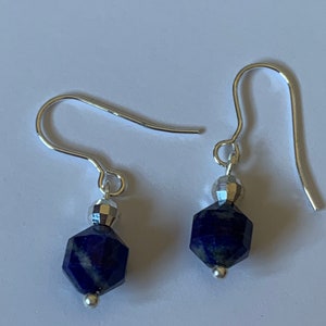 Lapis lazuli satellite beads sterling silver shepherd hook earrings