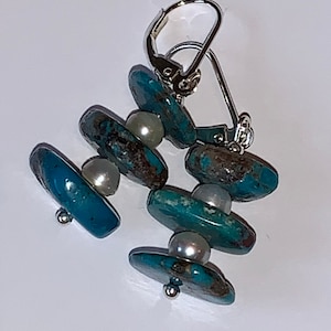 Pearl and Turquoise Sterling Silver Lever Back Earrings
