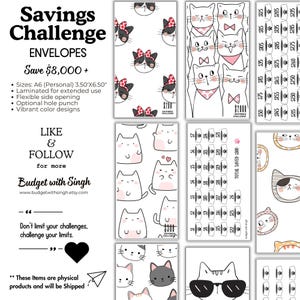 May include: A set of printable envelopes with a cat theme. The envelopes are designed to help you save money and track your progress. The envelopes feature cute cats with different expressions and accessories. The text on the envelopes reads "Savings Challenge" and "Total Saved $300".