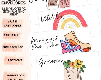 May include: Twelve printable cash envelope designs with colorful illustrations. The designs include: Beauty, Utilities, Mommy & Me Time, Groceries, and more. The envelopes are 3.5 inches by 6.5 inches.
