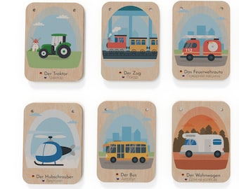 Jouets éducatifs : Cartes en bois "Véhicules" (allemand, anglais, italien, russe, turc) - Jouets Montessori - jouets pour enfants, cartes d'apprentissage