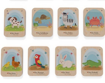 Kinderspielzeug: Lernkarten "Tiere" - Holzspielzeug zum Sprachen lernen - Lernspielzeug nach Montessori - Schule, Vorschule, Kindergarten