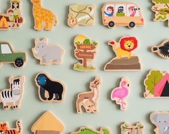 Safari Fridge Magnets | Wooden Animal Magnets | Children's Educational Toy | Birthday Gift | Magnetic Board