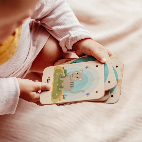 Montessori Lernkarten für Kinder aus Holz – Deutsch lernen für Kinder, Lernspielzeug, Geschenk Kinder, Geburtstagsgeschenk, Geschenk Taufe