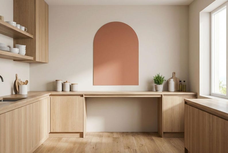 May include: A kitchen interior featuring light wood cabinetry, a wooden countertop, and a large terracotta-colored arch-shaped wall decal centered on the wall above the workspace. The kitchen includes open shelving with white bowls and various kitchen tools.