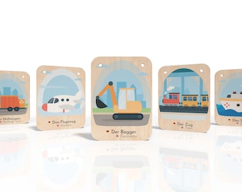 Bilingual wooden learning cards (German - English) - Vehicles - Montessori toys - Learning languages for children - Waldorf toys