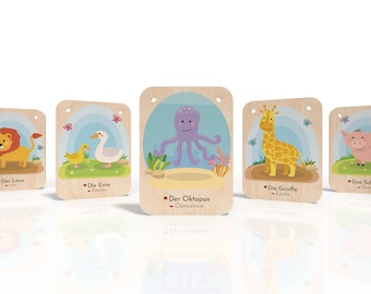 Wooden toys: flashcards "Animals" - German/Polish, children's toys, learning languages, educational toys according to Montessori, school, kindergarten