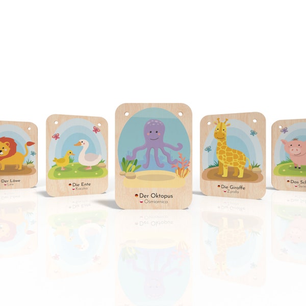 Wooden toys: flashcards "Animals" - German/Polish, children's toys, learning languages, educational toys according to Montessori, school, kindergarten
