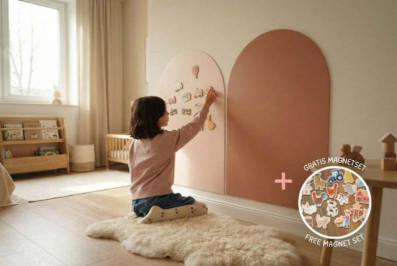 Ein Kind in einem rosa Pullover und blauen Jeans befestigt Magnete an einer rosafarbenen, bogenförmigen Wandtafel. Der Raum verfügt über ein Bücherregal aus Holz, ein kleines Kinderbett und einen runden Holztisch mit Spielzeug. Ein flauschiger, weißer Teppich liegt auf dem Holzboden.