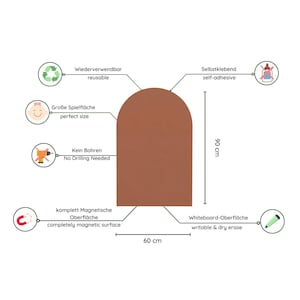 May include: A terracotta-colored arch-shaped wall board measuring 90 cm in height and 60 cm in width. The board features a magnetic, dry-erase surface that is self-adhesive and reusable, requiring no drilling for installation.
