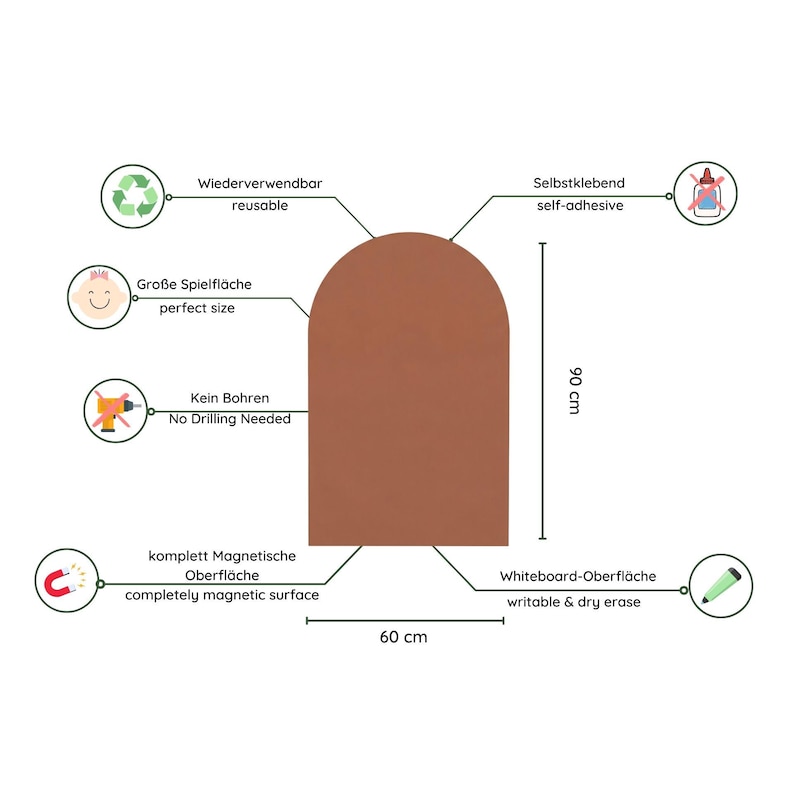 May include: A terracotta-colored arch-shaped wall board measuring 90 cm in height and 60 cm in width. The board features a magnetic, dry-erase surface that is self-adhesive and reusable, requiring no drilling for installation.