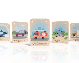 Wooden toys for language development (bilingual: German - Russian) - Montessori flash cards - gift for children - learn vehicles