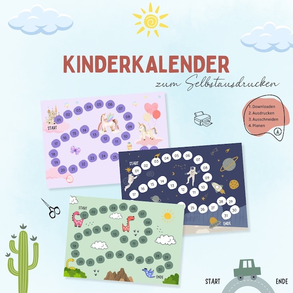 Kinderkalender zum Selbstausdrucken - Kalender für Kinder - Ereignis- und Countdownkalender - Monatsplan Kinder - Wochenplan