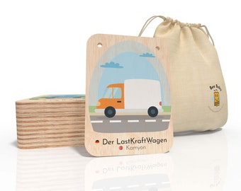 Educational toys: wooden flash cards - German/Turkish, Montessori toys, wooden toys, vehicle cards, learn Turkish, children's toys