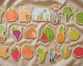 Magnets for children, fruit and vegetables, refrigerator magnets, pinboard magnets, chalkboard magnets, wooden magnets with garden elements