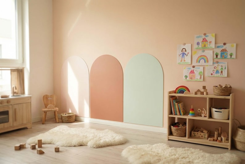 May include: A room interior featuring three large, arched wall decals in light pink, terracotta, and sage green. The space includes a light wood bookshelf filled with toys, a small wooden chair, and two white faux fur rugs on the floor.