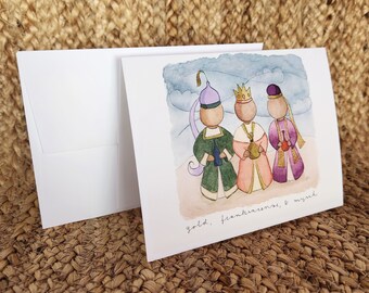 Tarjeta navideña "Oro, incienso y mirra", 5,5 x 4,25, tarjeta de los Reyes Magos