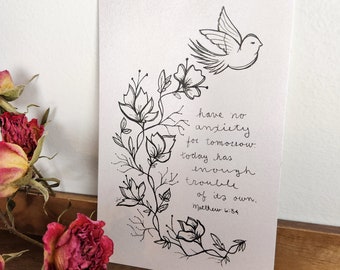 Mateo 6:34 Imprimir / No se preocupen / 4x6 / Papel blanco brillante / Arte bíblico