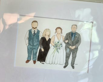 Retrato familiar personalizado sin rostro: regalo en acuarela pintado a mano