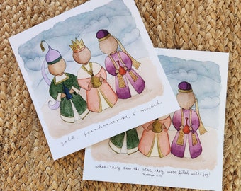 Impresión artística en acuarela de los Reyes Magos (15x15 cm): Oro, incienso y mirra, Mateo 2:10