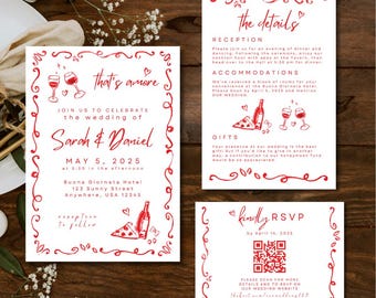 Plantilla de invitación de boda italiana: pizza, vino y pasta en acuarela (descarga digital DIY en Canva de 5 x 7 pulgadas)