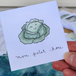 May include: A white card with a green cabbage illustration and the text "mon petit chou" written in black ink.