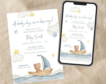 Invitación de acuarela para baby shower: plantilla editable de Canva (5x7, imprimible o para móvil), Osos y barcos