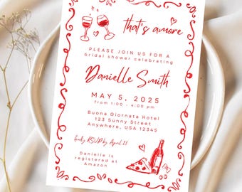 Invitación de boda italiana en acuarela: Despedida de soltera, fiesta de compromiso (Plantilla digital de 5x7 pulgadas, edición Canva)