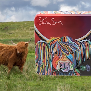 Lizzie McCoo Salted Caramel Fudge Tin , Scottish Artist Steven Brown, Scotttish Fudge, Highland Cow, Scottish Gift, Scottish Food, Gift Tin